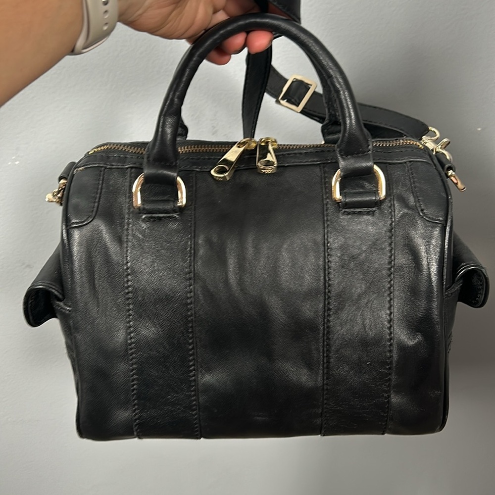 Zac Posen Z Spoke Black Leather Double Handle Gold Hardware Satchel Crossbody